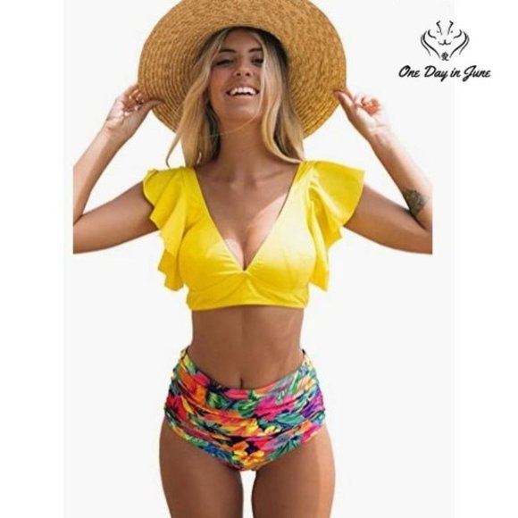 Sporlike Other - Sporlike Women Ruffle High Waist Push Up Tropical Bikini Swimsuit